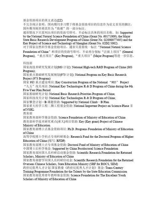 各类基金的资助英文