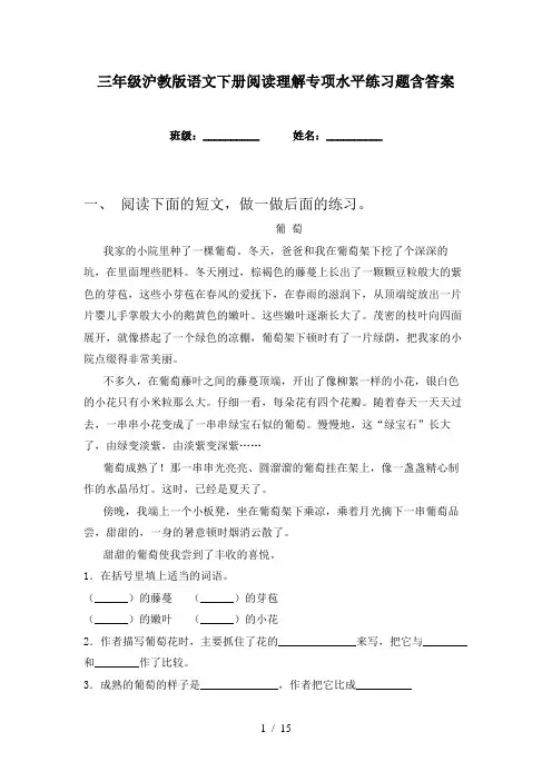 三年级沪教版语文下册阅读理解专项水平练习题含答案