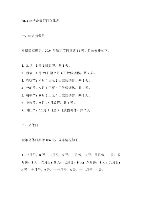 2024年法定节假日公休表