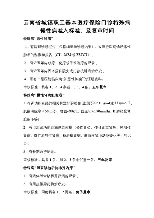 云南省城镇职工基本医疗保险门诊特殊病慢性病准入标准【模板】