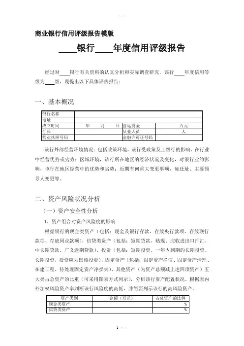 商业银行信用评级报告模版