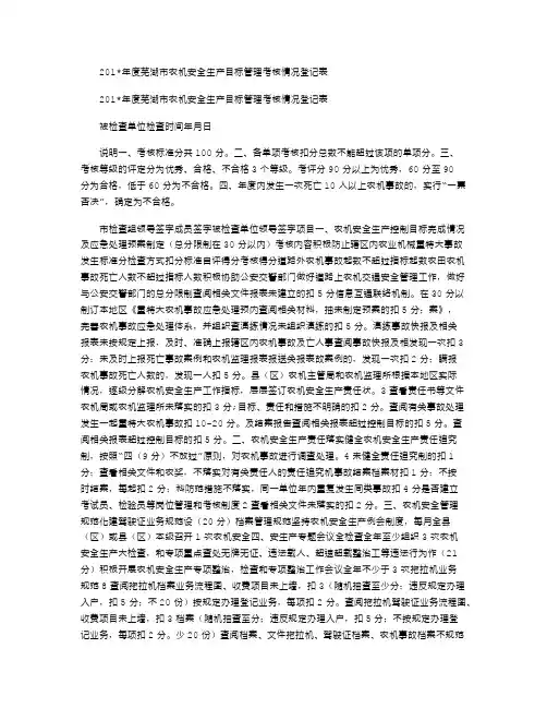 2021年度芜湖市农机安全生产目标管理考核情况登记表