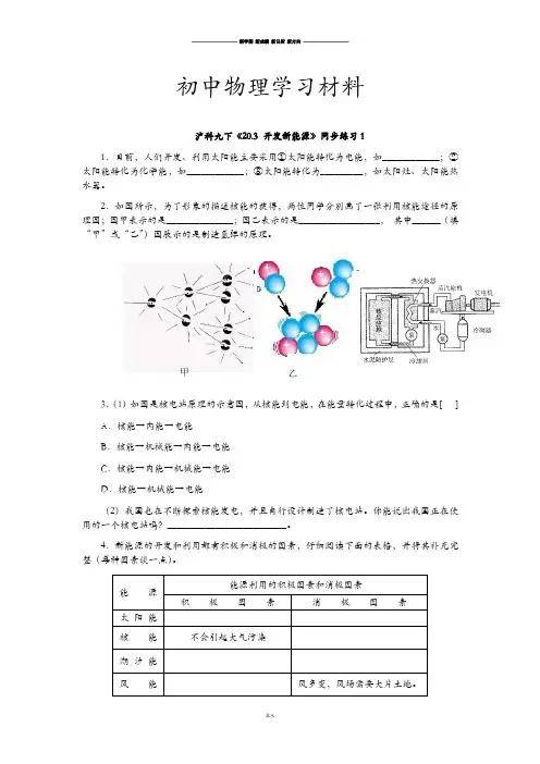 沪科版物理九年级试卷：开发新能源(同步练习).docx