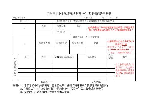 广州市中小学教师继续教育1001期学校交费申报表