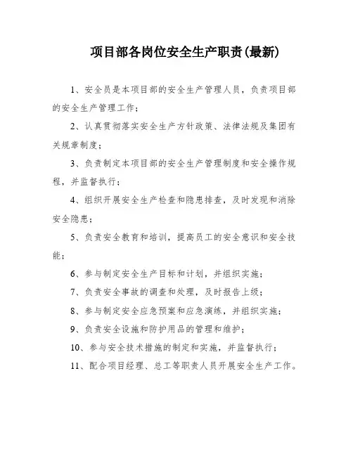 项目部各岗位安全生产职责(最新)