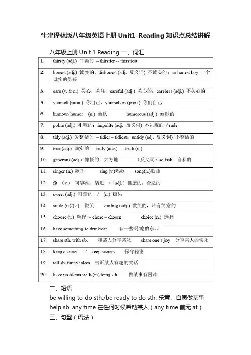 牛津译林版八年级英语上册Unit1-Reading知识点总结讲解