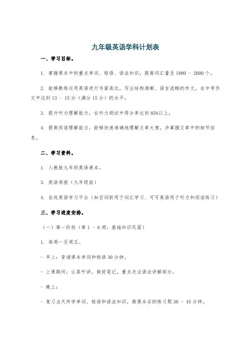 九年级英语学科计划表