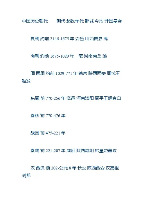 中国历史朝代朝代 起讫年代 都城 今地 开国皇帝