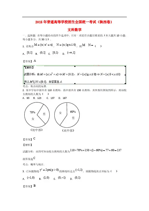 2015年高考真题文科数学试题(湖南卷+陕西卷,含解析)