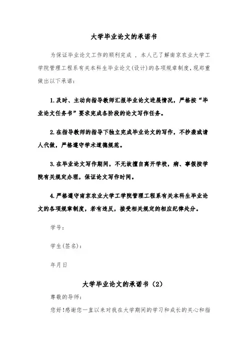 大学毕业论文的承诺书(2篇)