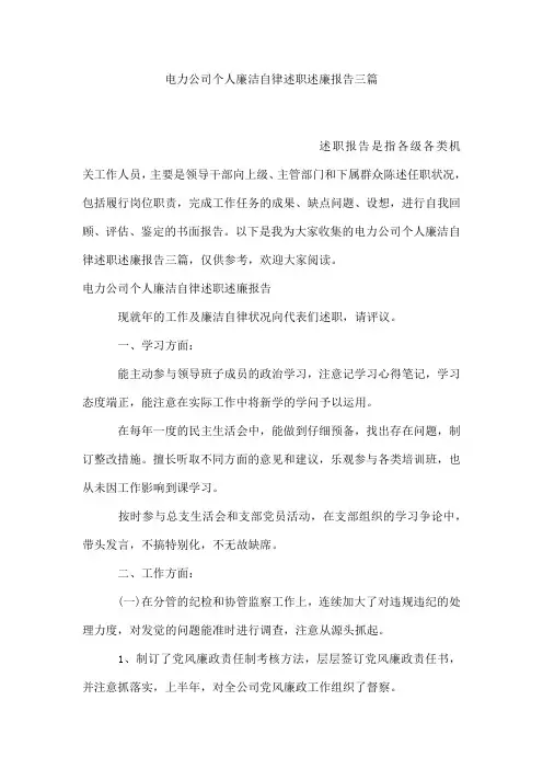 电力公司个人廉洁自律述职述廉报告三篇