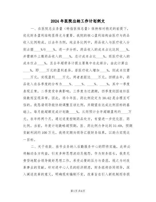 2024年医院出纳工作计划例文（3篇）