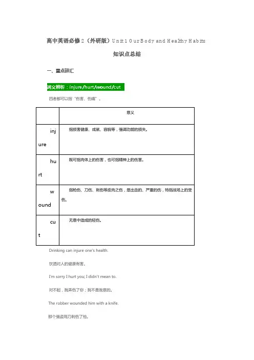 高中英语必修2(外研版)unit1ourbodyandhealthyhabits知识点总结