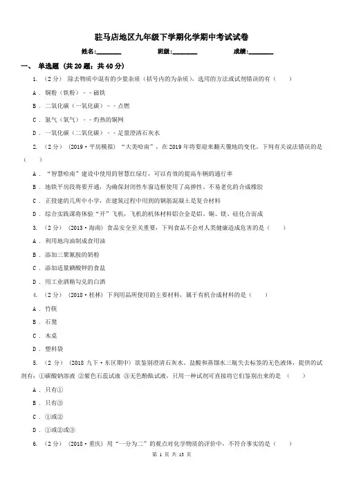 驻马店地区九年级下学期化学期中考试试卷