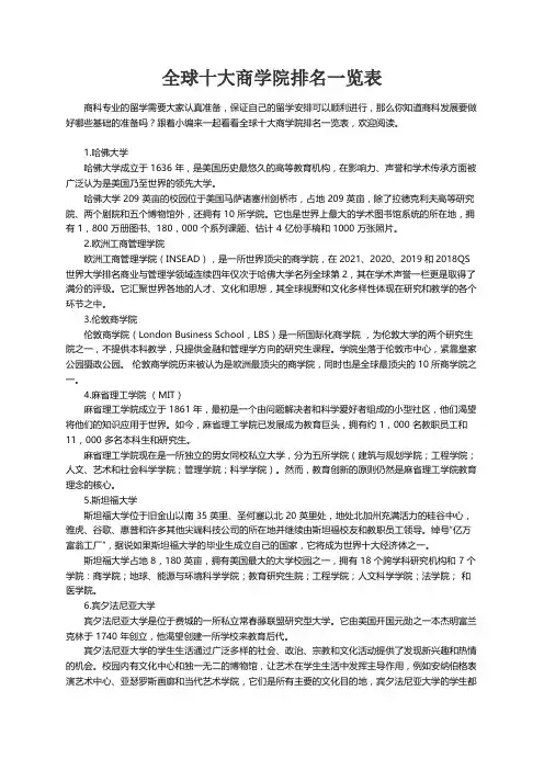 全球十大商学院排名一览表