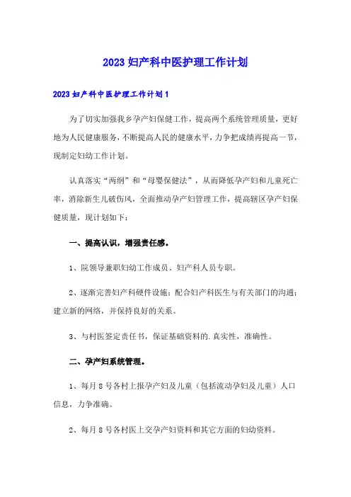 2023妇产科中医护理工作计划