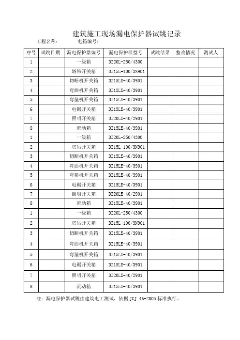 建筑施工现场漏电保护器试跳记录