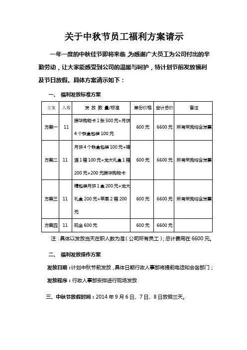 关于中秋节员工福利方案的请示