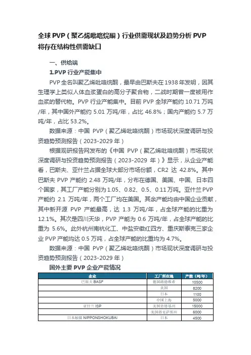 全球PVP（聚乙烯吡咯烷酮）行业供需现状及趋势分析PVP将存在结构性供需缺口