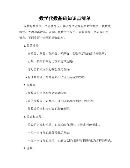 数学代数基础知识点清单