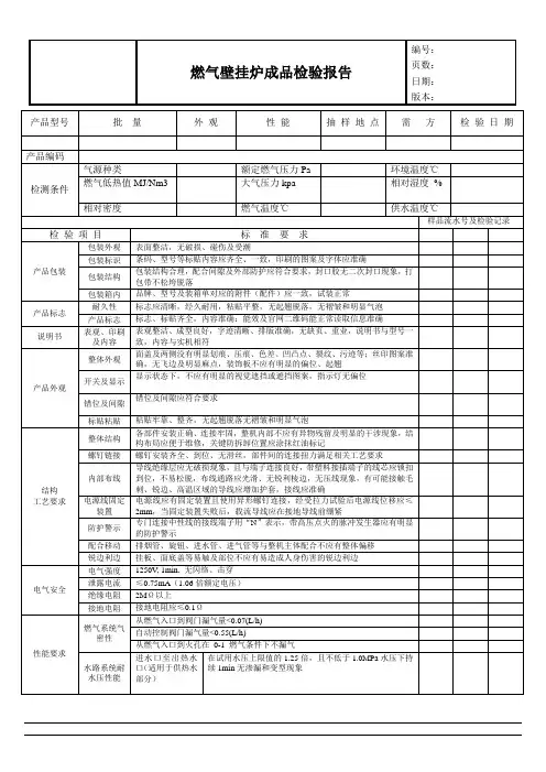 燃气壁挂炉成品检验报告