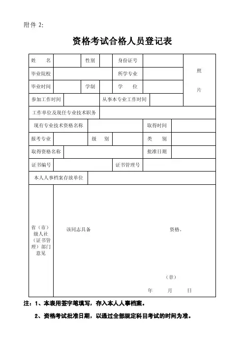 《资格考试合格人员登记表》及填写表样