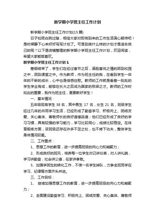 新学期小学班主任工作计划
