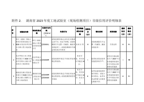 湖南省2023工地试验室现场检测项目市级信用评价明细表