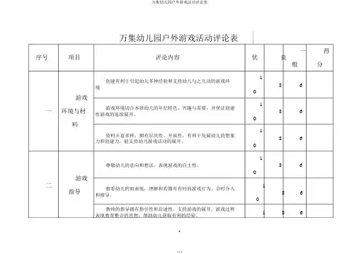 万集幼儿园户外游戏活动评价表