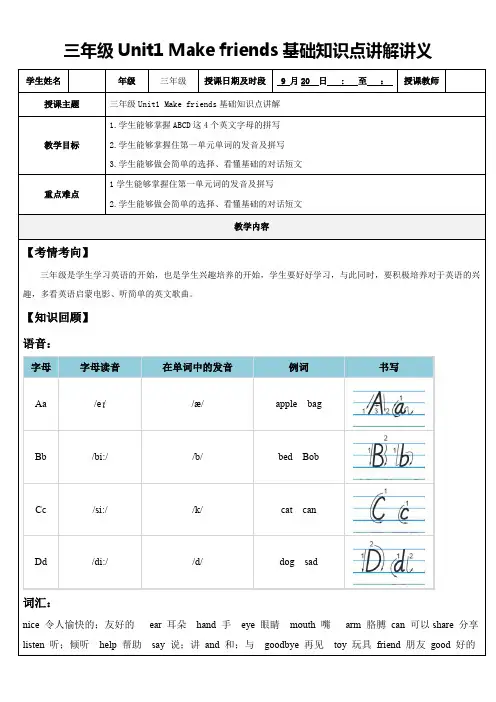 Unit1Makefriends基础知识点讲解(讲义)人教PEP版(级上册