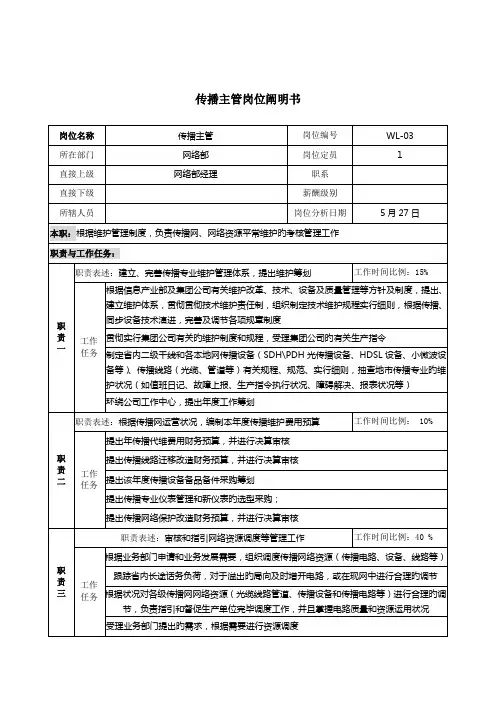 通信行业网络部传输主管岗位专项说明书