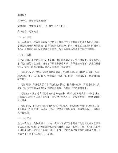 污水厂污泥处理实习报告