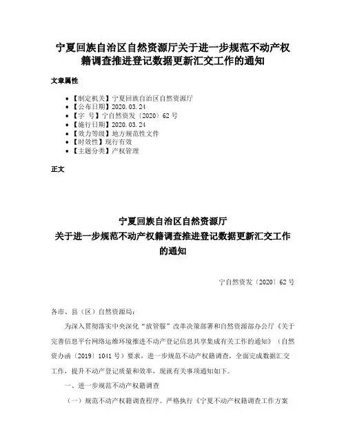 宁夏回族自治区自然资源厅关于进一步规范不动产权籍调查推进登记数据更新汇交工作的通知