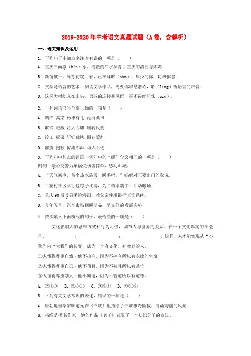 2019-2020年中考语文真题试题(A卷,含解析)