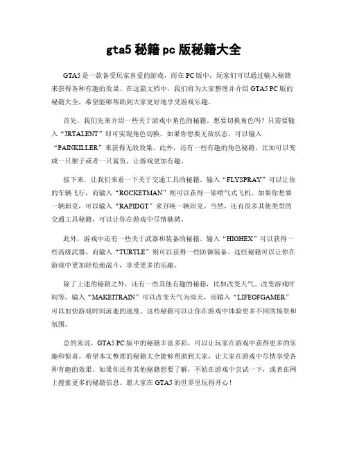 gta5秘籍pc版秘籍大全