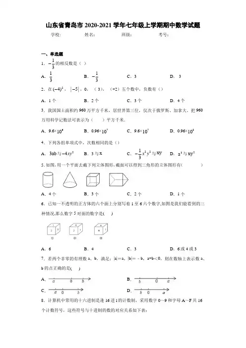 山东省青岛市2020-2021学年七年级上学期期中数学试题