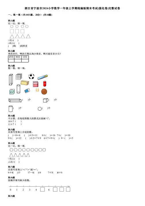 浙江省宁波市2024小学数学一年级上学期统编版期末考试(强化卷)完整试卷