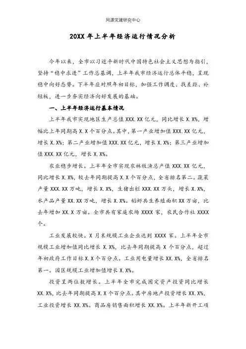 20XX年上半年经济运行情况分析