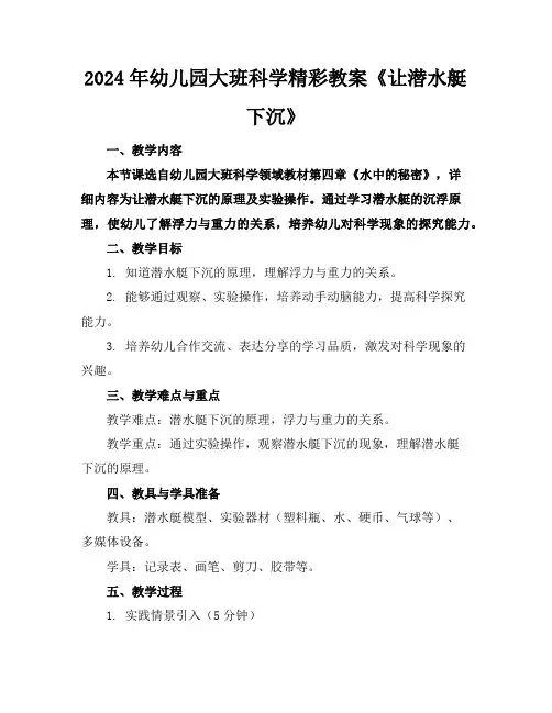 2024年幼儿园大班科学精彩教案《让潜水艇下沉》