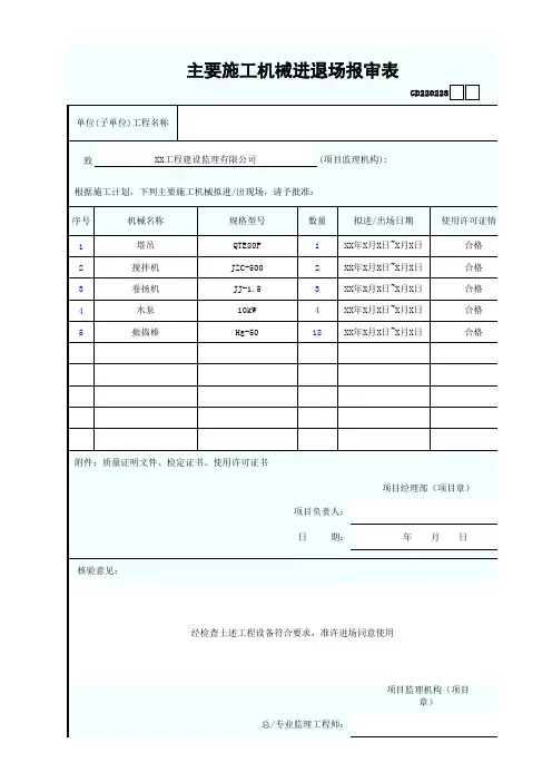 主要施工机械进退场报审表 最新版