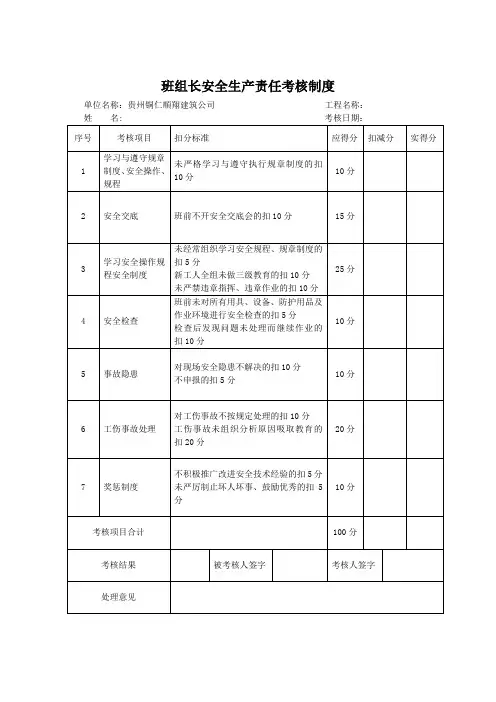 班组长安全生产责任考核表