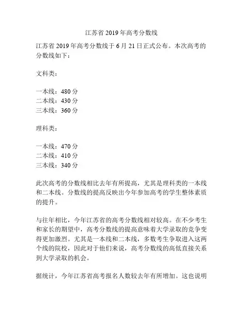 江苏省2019年高考分数线