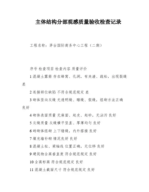 主体结构分部观感质量验收检查记录