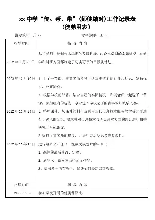 徒弟用表-xx中学师徒结对工作记录表