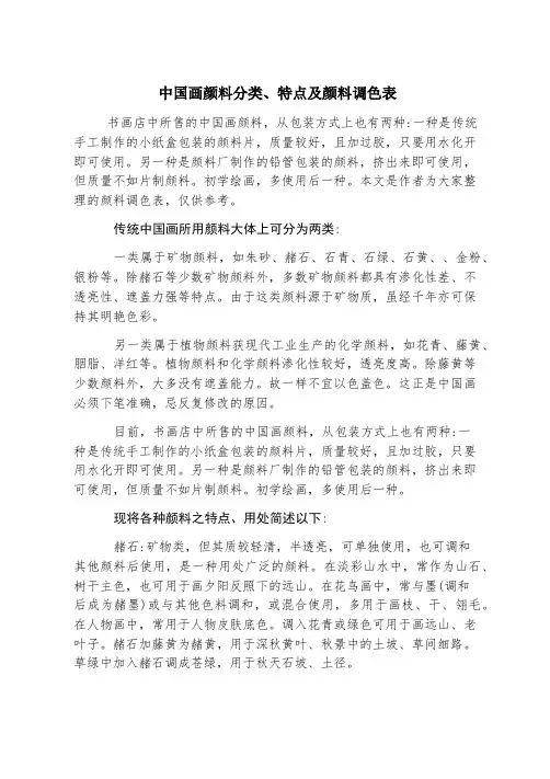 中国画颜料分类、特点及颜料调色表