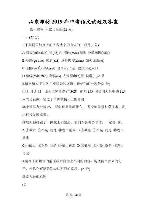 山东潍坊中考语文试题及答案