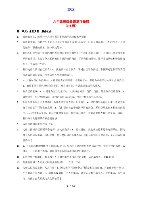 九年级政治复习提纲整理(全册)人教版
