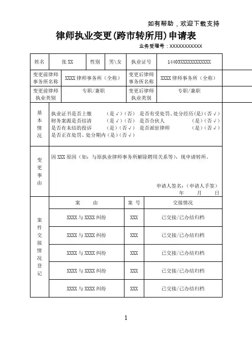 律师执业变更跨转所用申请表
