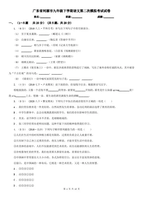 广东省河源市九年级下学期语文第二次模拟考试试卷