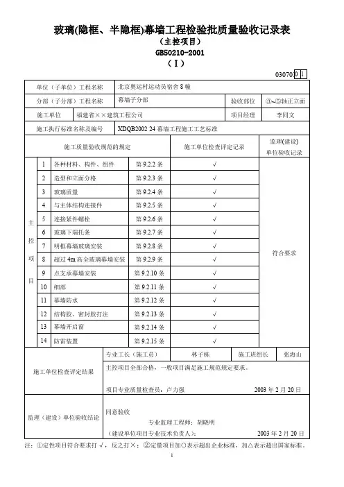 玻璃(隐框、半隐框)幕墙工程检验批质量验收记录表